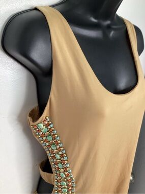 NWOT Foreign Exchange Beige Tan Beaded Lightweight Top With Cut Out Back L
